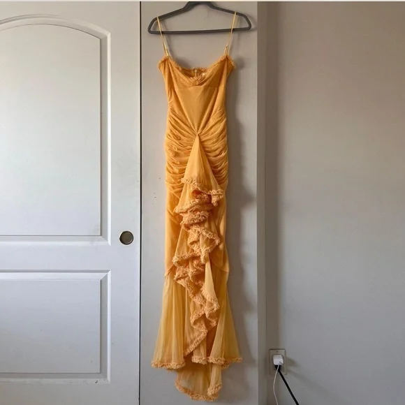 House of CB Yellow Asymmetrical Gabbi Ruffled Gown - Picture 2 of 7